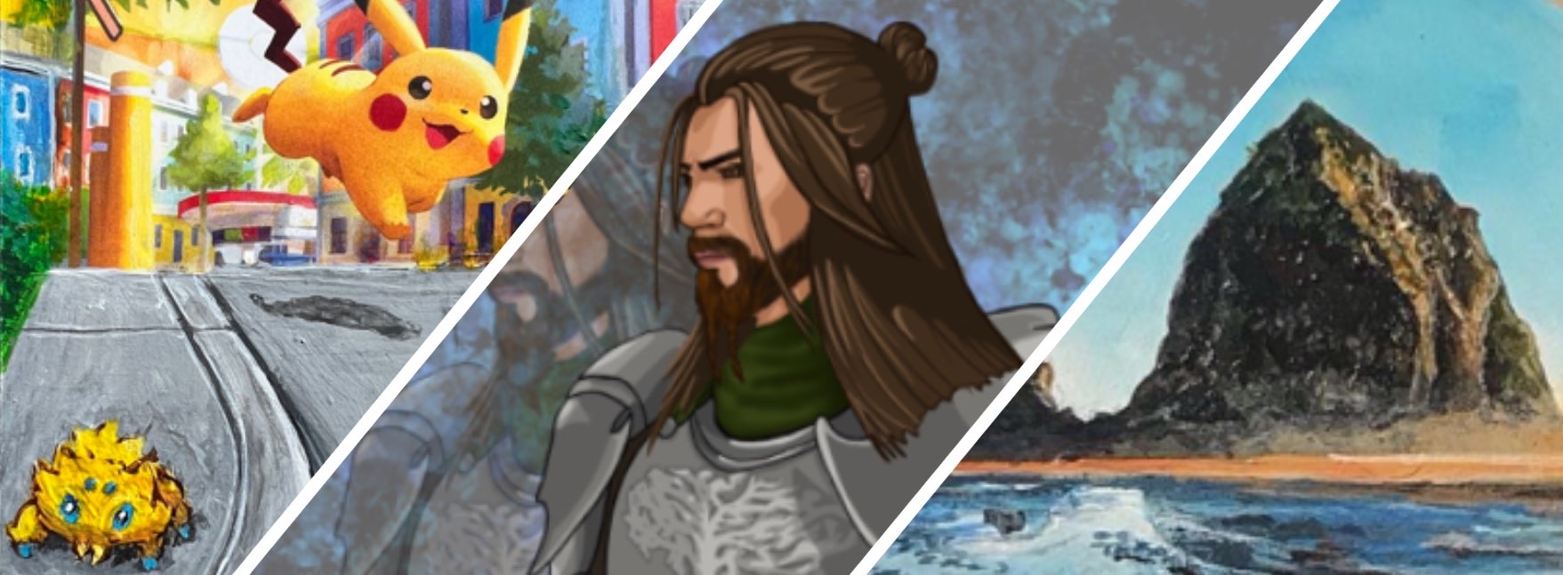 Collage of a yellow electric mouse, a character with long hair, a painted mountain