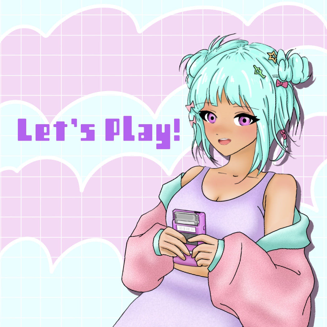 Animated character with turquoise hair and pink outfit holding a game console, with 'Let's Play!' text on a pastel background.